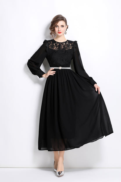 Lace Chiffon Puff Sleeves Maxi Dress with Belt