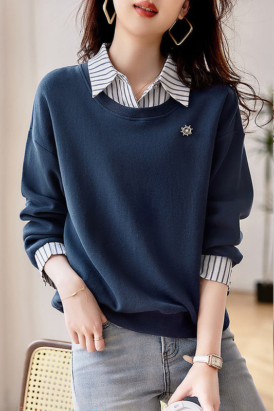 BK-Long Sleeve Patchwork Stripe Blouse Top