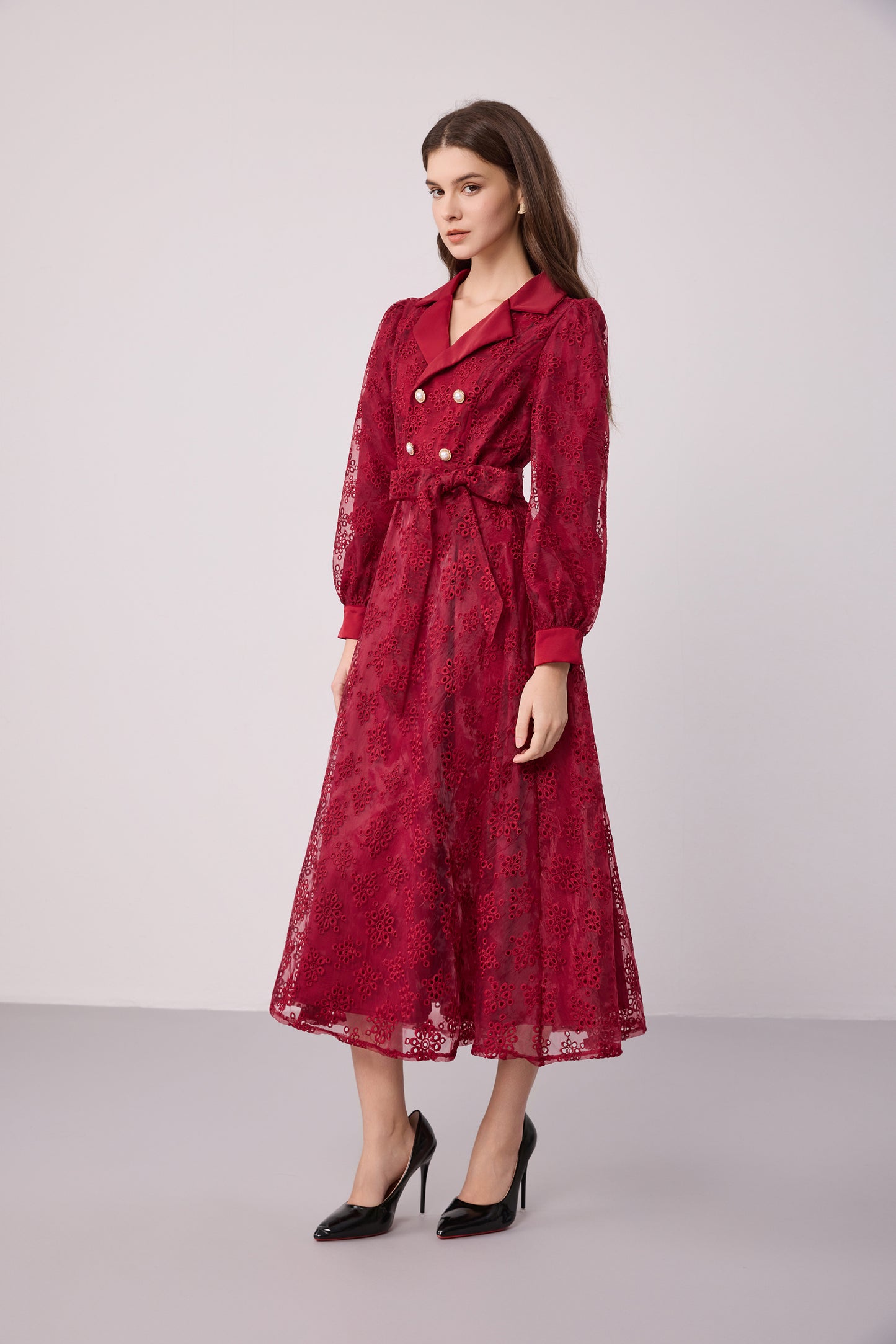 Elegant Embroidered Mesh Double Button Midi Dress