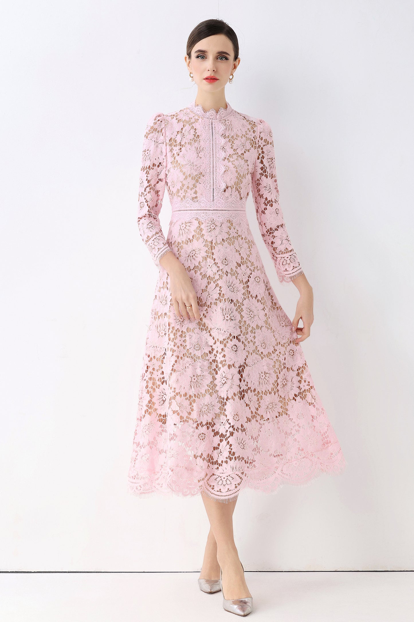 Women's 3/4 Sleeve Lace Overlay Midi Dress - LAI MENG FIVE CATS