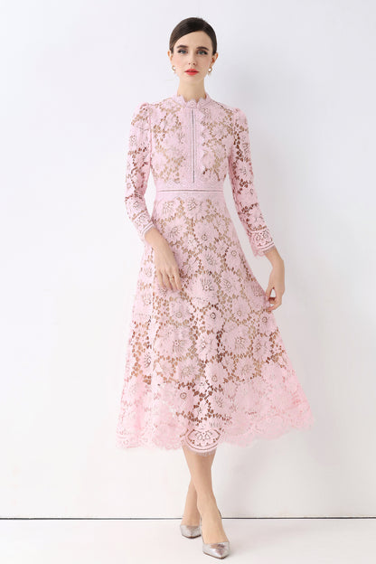 Women's 3/4 Sleeve Lace Overlay Midi Dress - LAI MENG FIVE CATS