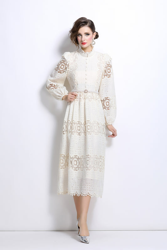 Lace Hollow Belt Buttons Maxi Dress