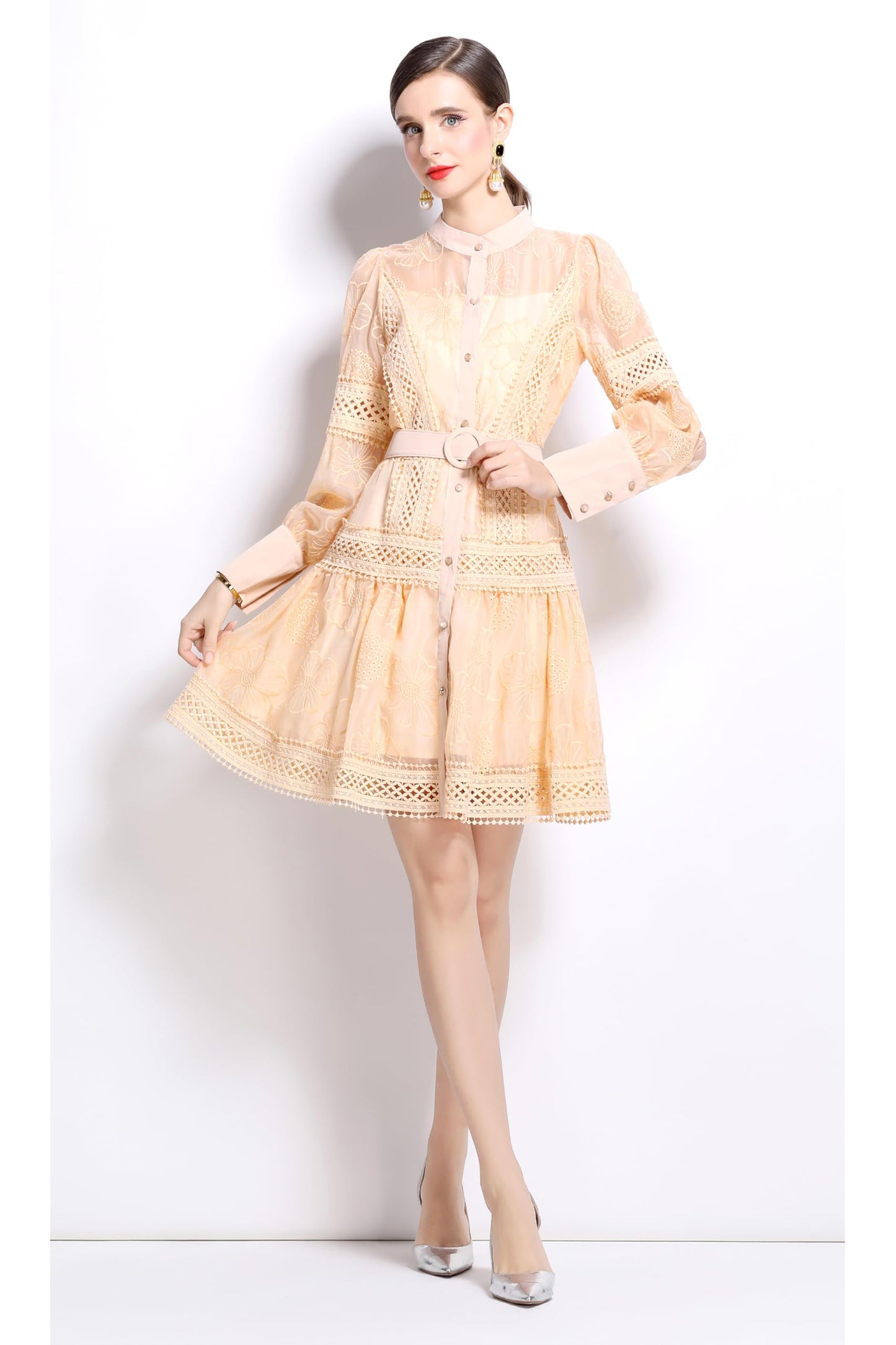 Womens Hollow Lantern Sleeve Mini Dress