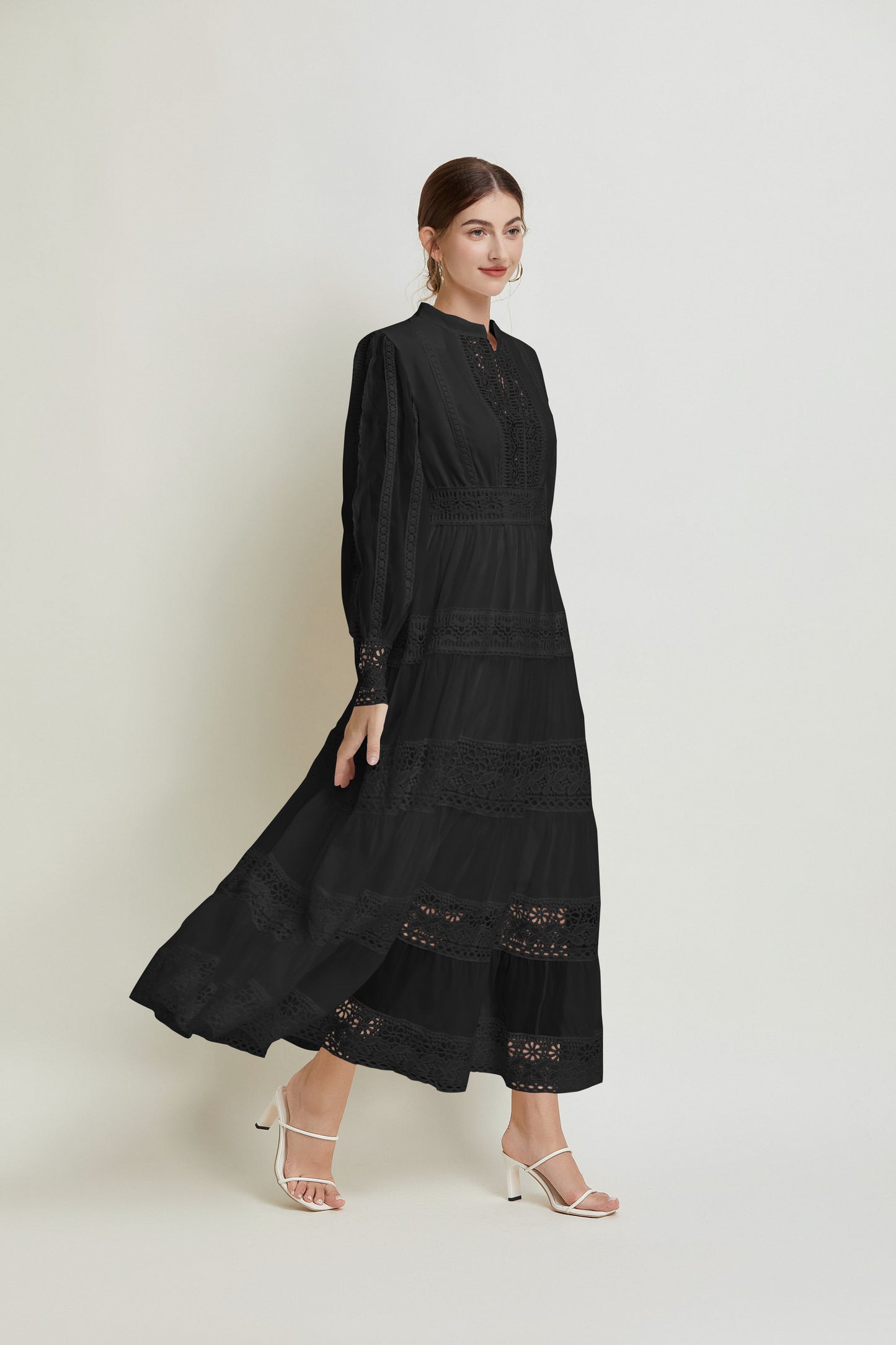 Ruffles Layered Hem Balloon Sleeves Maxi Dress