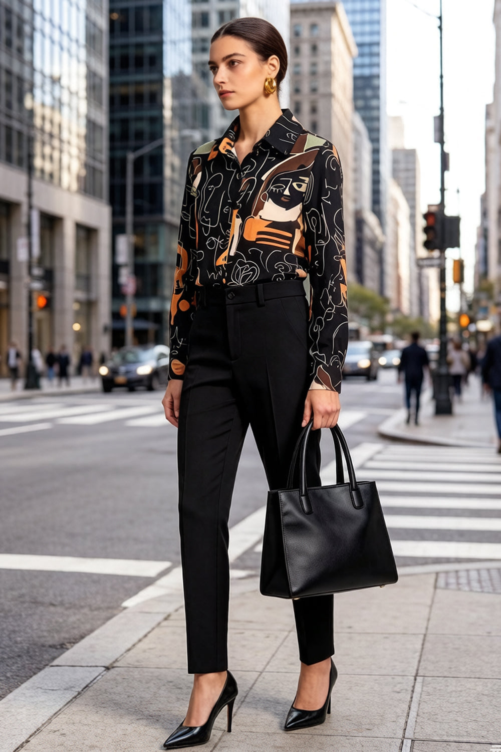 ESY-Women's Long Sleeve Lapel Collar Print Button Blouse - LAI MENG FIVE CATS