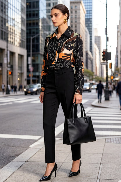 ESY-Women's Long Sleeve Lapel Collar Print Button Blouse - LAI MENG FIVE CATS