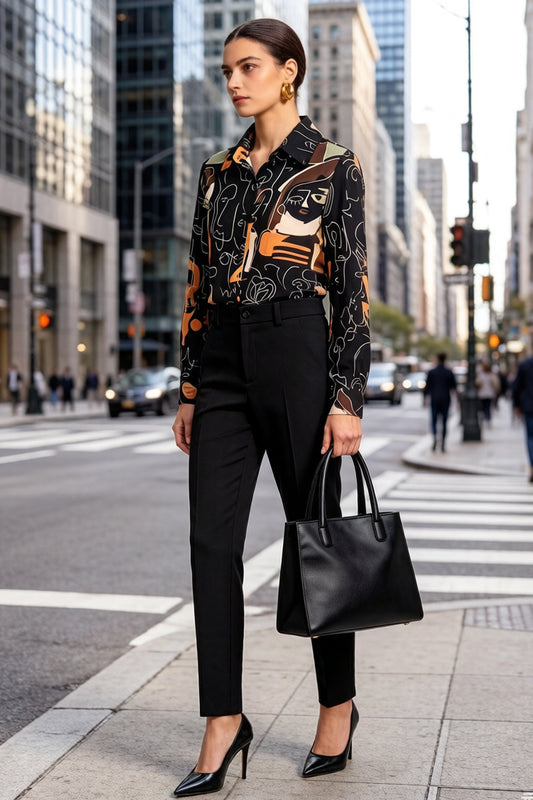 ESY-Women's Long Sleeve Lapel Collar Print Button Blouse - LAI MENG FIVE CATS