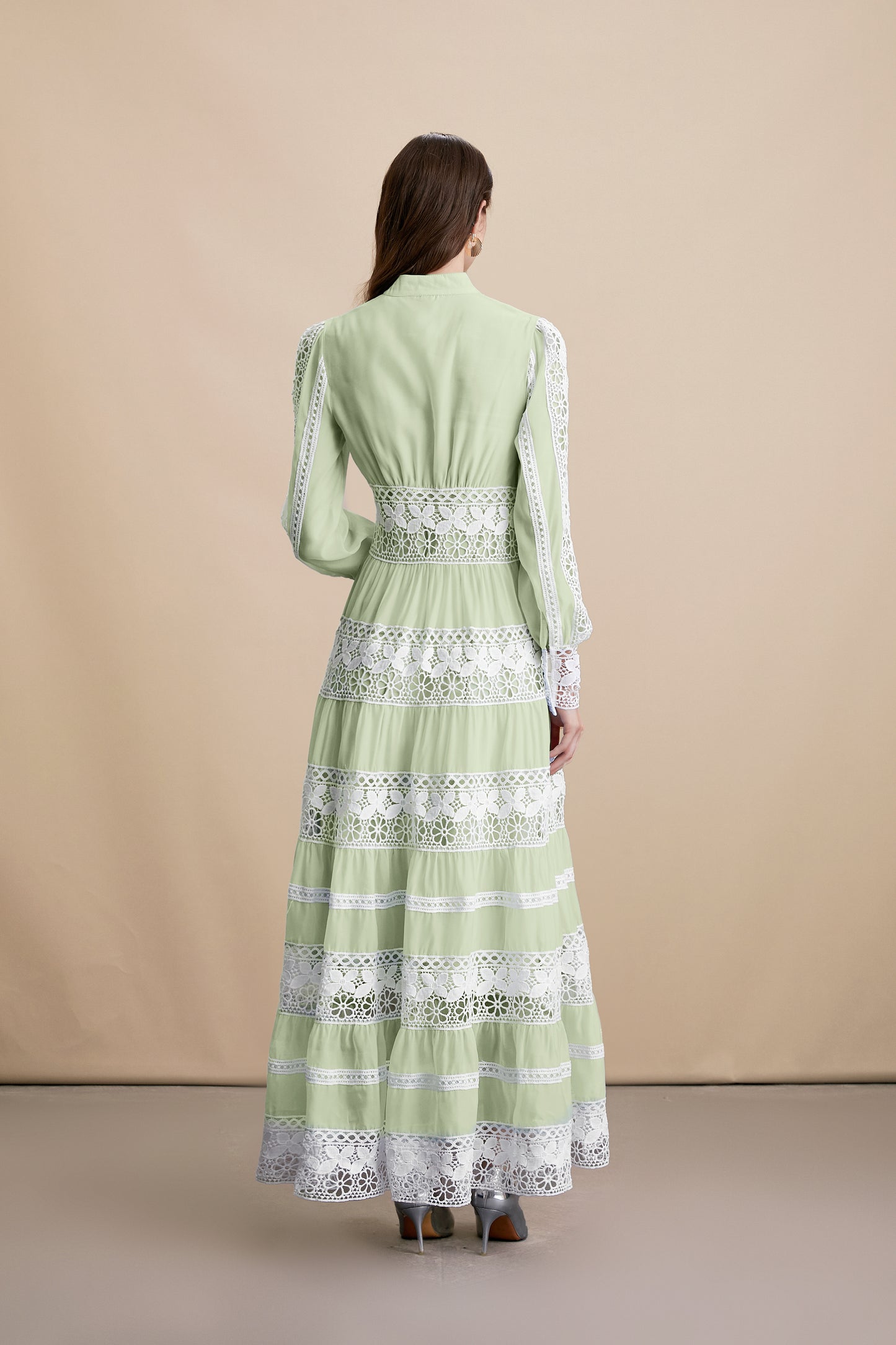 Women's V-Neck Smocked Lace Tiered Maxi Dress