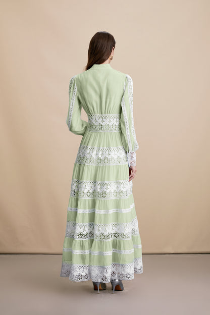 Sage Green V Neck Lace Maxi Dress