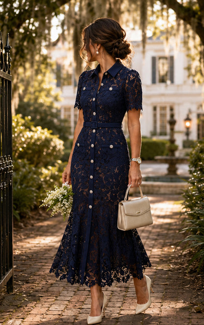 Navy Lace Mermaid Long Dress with Belt
