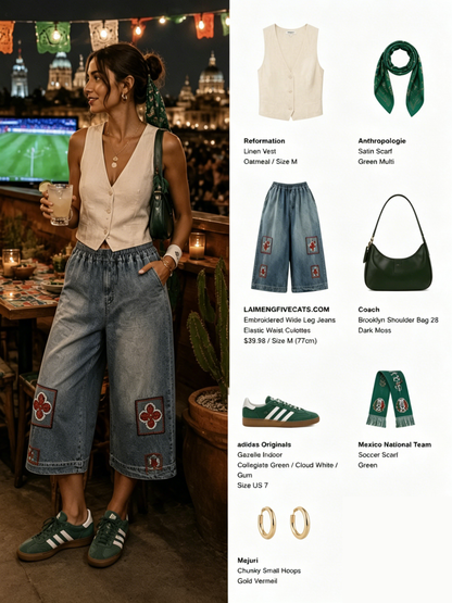 Embroidered Elastic-Waist Cropped Wide-Leg Jeans