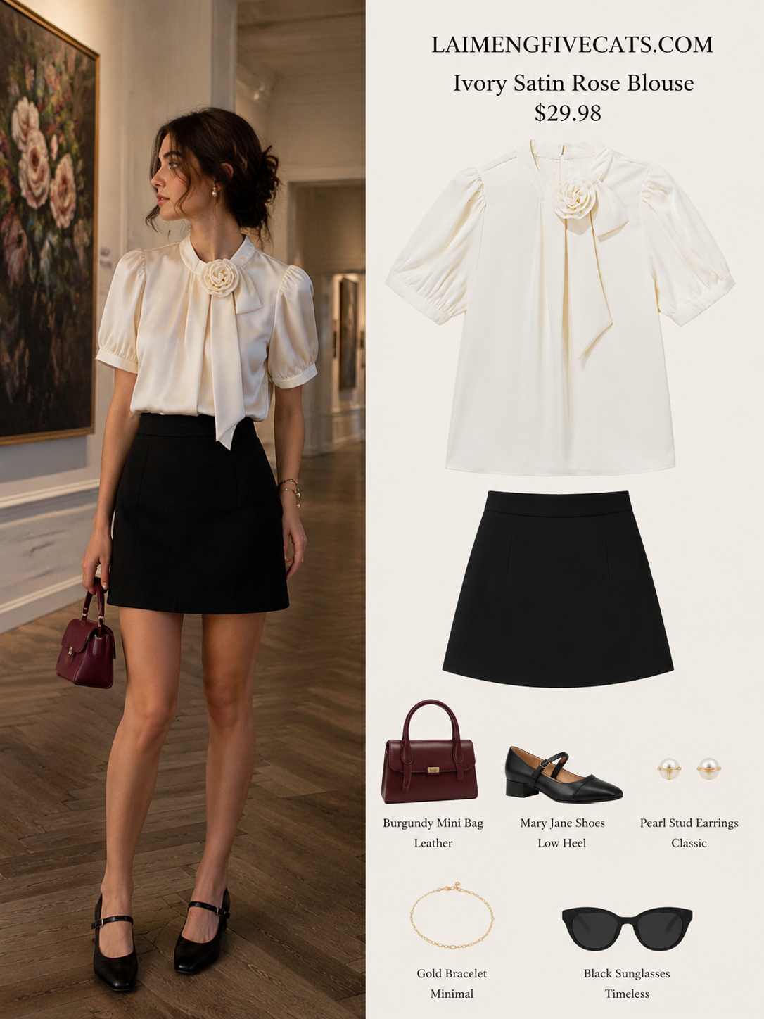 Ivory Satin Rose Blouse – Elegant Puff Sleeve Bow Detail Top