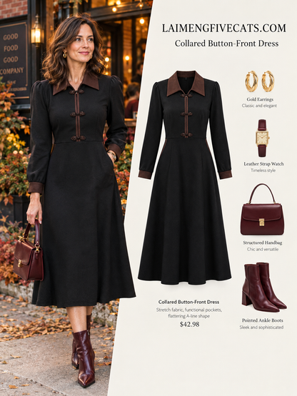 Black & Brown Collared Button-Front Dress | $42.98