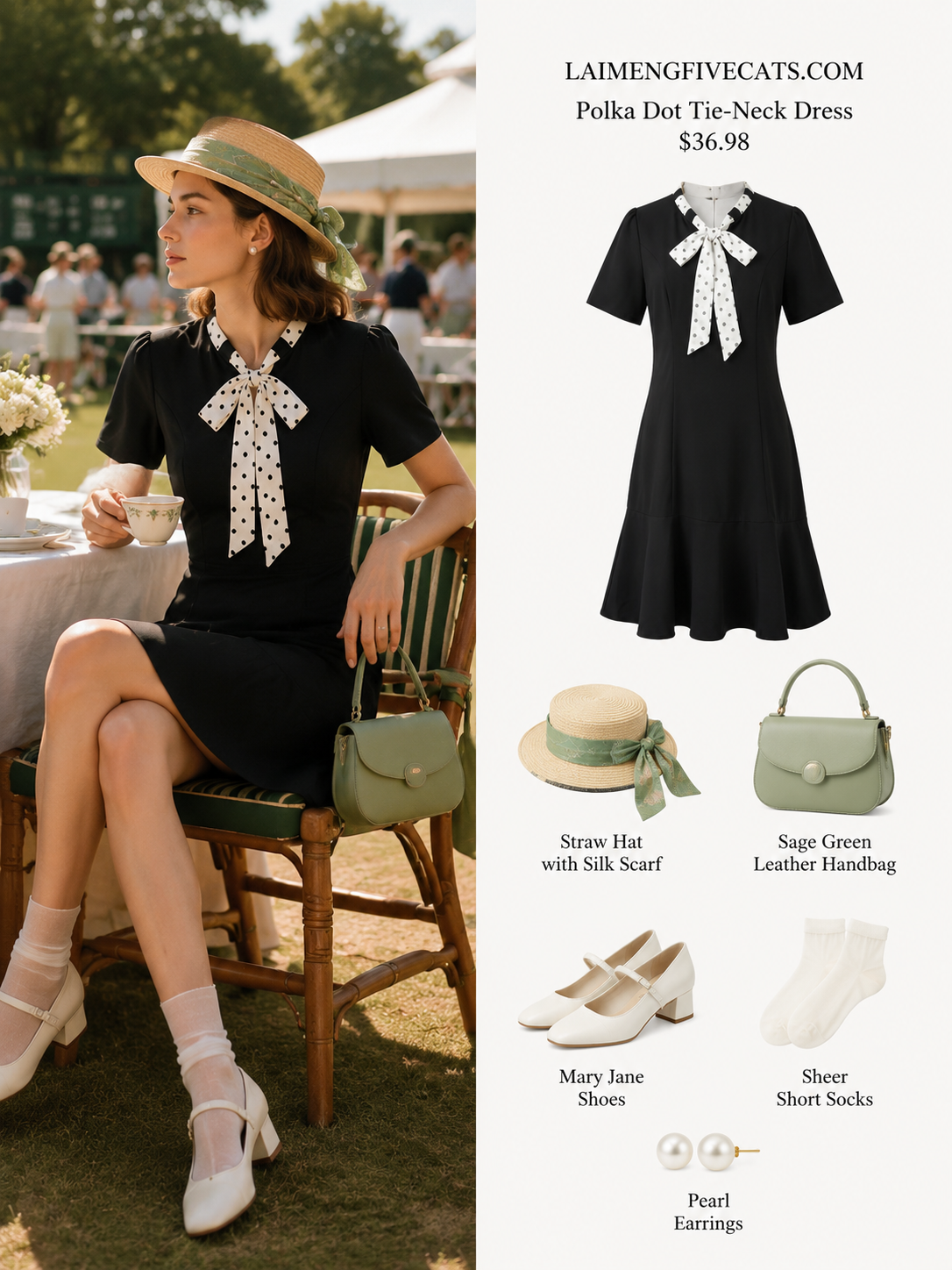 Polka Dot Tie-Neck Black Dress | Elegant Summer Day Dress