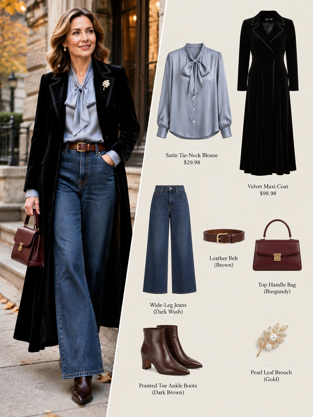 28686 Satin Tie-Neck Blouse with Button Front – Soft Blue Elegance for Fall