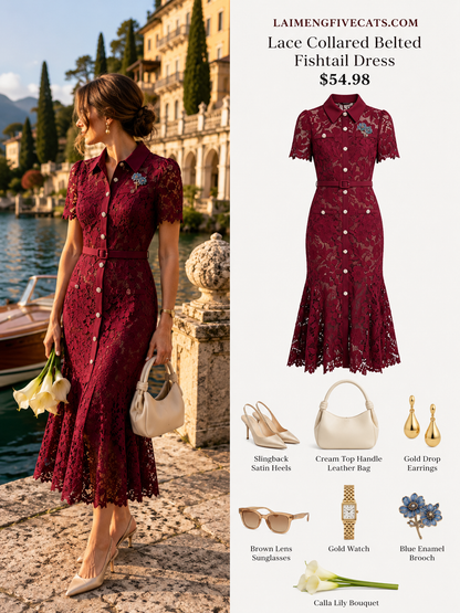 Lace Collared Belted Fishtail Dress | Wine Red