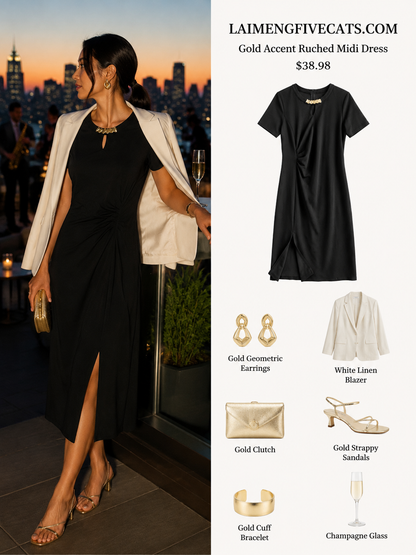 Black Ruched Side Slit Midi Dress with Gold Detail