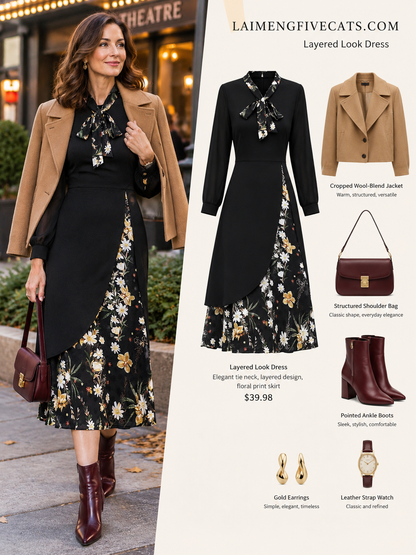 Black Layered Floral Tie-Neck Dress | $39.98