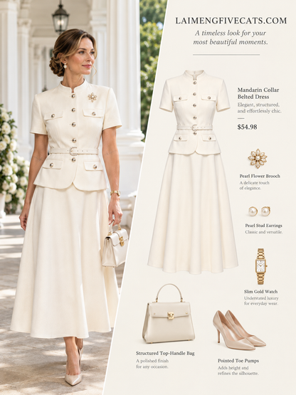 Chic 2-Piece Outfit: EShort-Sleeve Mandarin Collar Jacket & A-Line Skirt