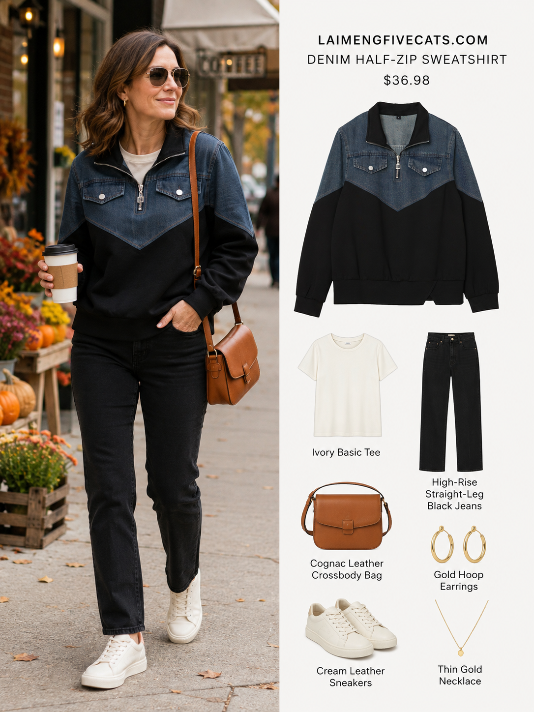 Denim Contrast Half-Zip Sweatshirt | Early Fall Casual
