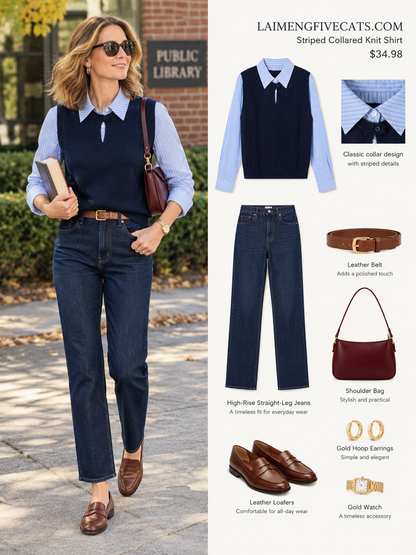 Navy Striped Collared Knit Shirt – Polished Preppy Fall Top