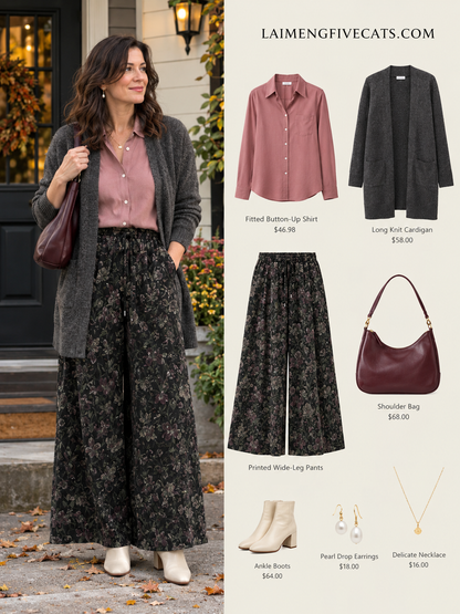 28574-Boho Dark Floral Wide Leg Jeans Elastic Waist Denim Pants