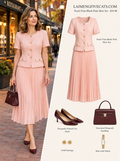 28664-Pearl-Trim Long Sleeve Elegant Pleated Skirt Set
