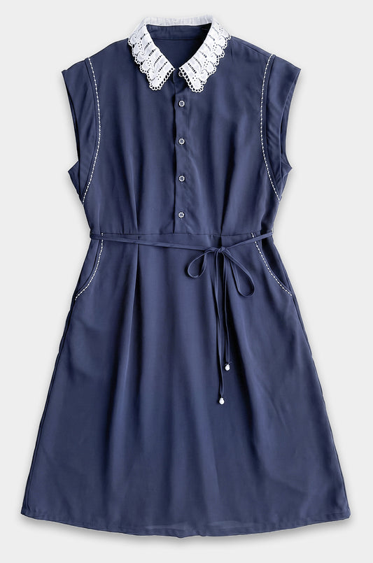 Navy Lace Collar Shirt Midi Dress with Pockets
