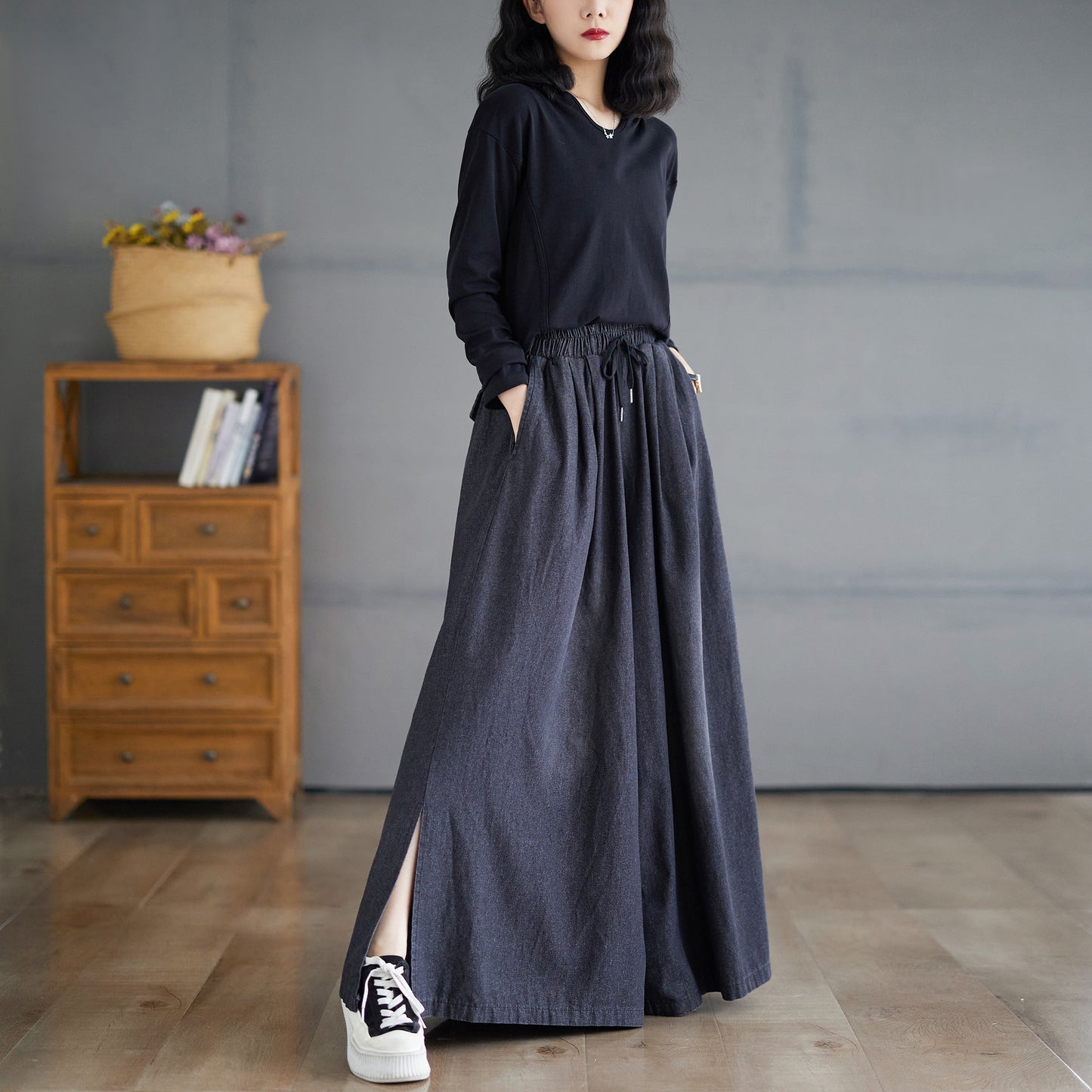 Drawstring Trendy Side Slit Wide Leg Pants