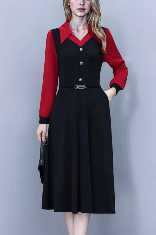 Women's V-Neck with Pockets Long Sleeve Black Dress