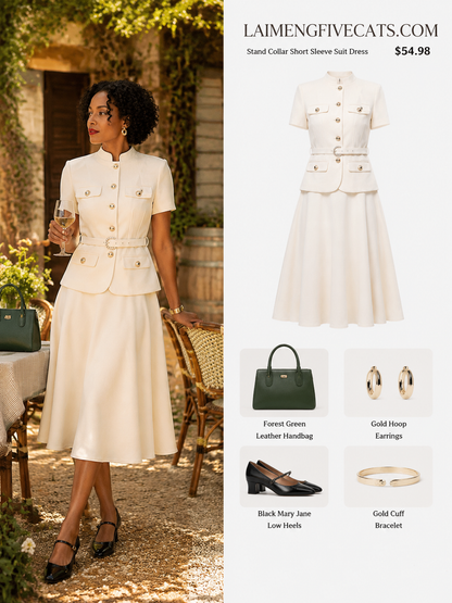 Chic 2-Piece Outfit: EShort-Sleeve Mandarin Collar Jacket & A-Line Skirt