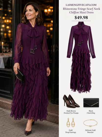 Elegant Chiffon Maxi Dress with Scarf Neck & Rhinestone Fringe