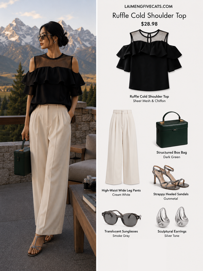 Cold Shoulder Chiffon Ruffle Top | Elegant Summer Statement Blouse