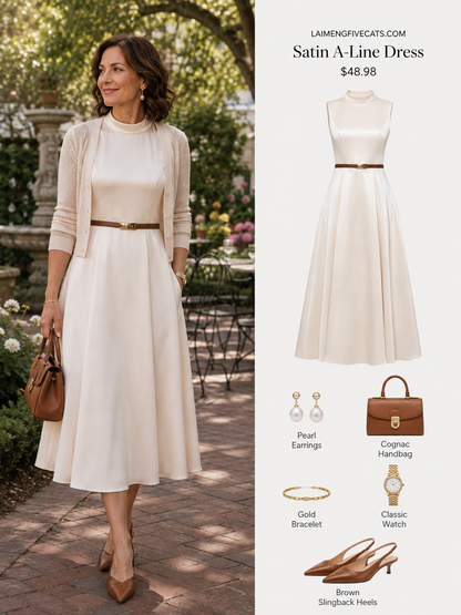 Satin A-Line Midi Dress with Belt | Black & Apricot