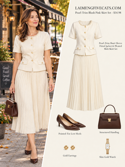 28664-Pearl-Trim Long Sleeve Elegant Pleated Skirt Set