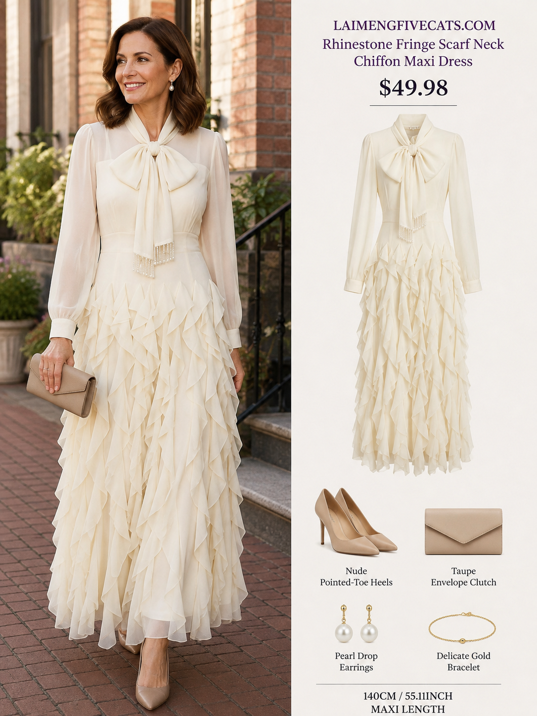 Elegant Chiffon Maxi Dress with Scarf Neck & Rhinestone Fringe