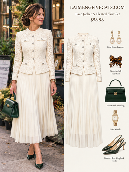 Lace Jacket & Pleated Midi Skirt Set | 3 Colors