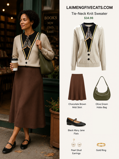 Tie-Neck Knit Sweater for Women | Lightweight Fall Pullover with Vintage-Inspired Collar