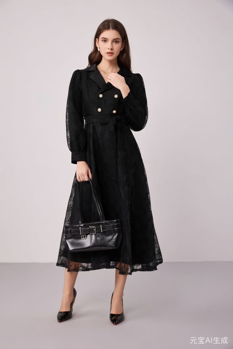 Elegant Embroidered Mesh Double Button Midi Dress