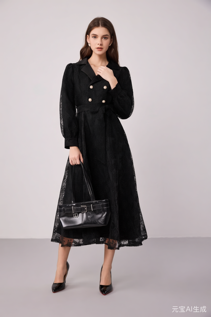 Elegant Embroidered Mesh Double Button Midi Dress