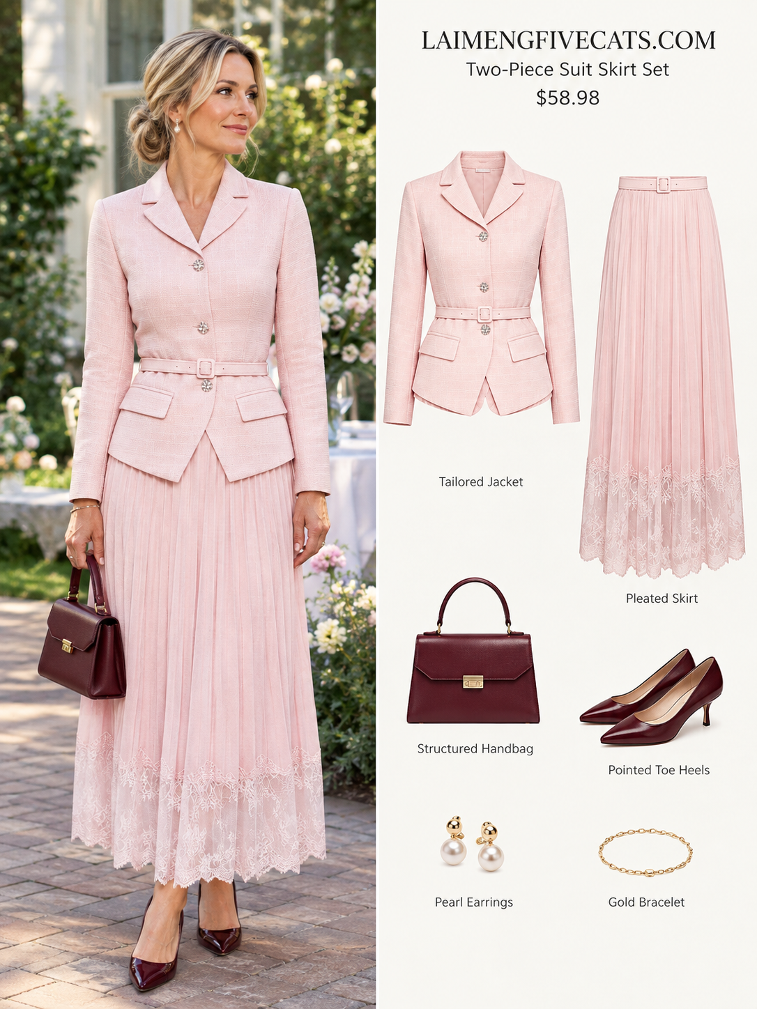 Elegant Two-Piece Pleated Skirt Suit Set for Women | Pink, Black & Beige