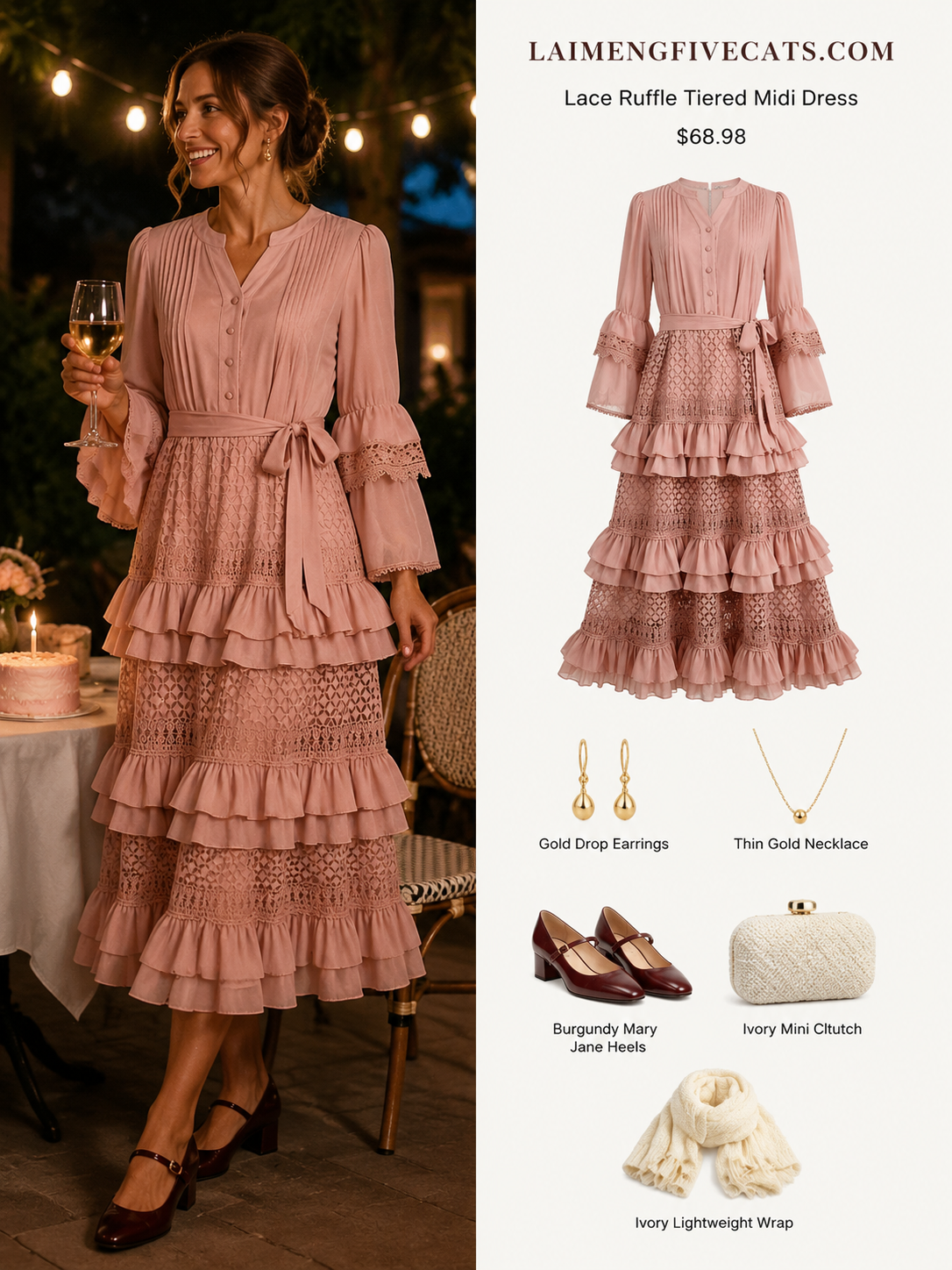 Bell Sleeves  Buttons Ruffle Layered Hem Hollow Princess Dress with Belt - LAI MENG FIVE CATS