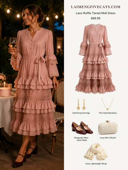 Bell Sleeves  Buttons Ruffle Layered Hem Hollow Princess Dress with Belt - LAI MENG FIVE CATS
