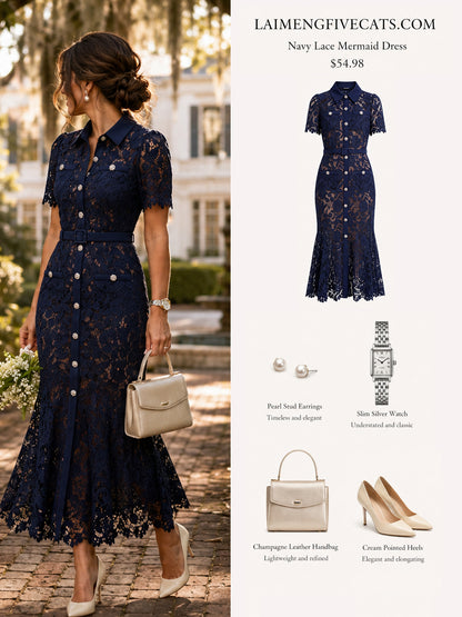 Navy Lace Mermaid Long Dress with Belt