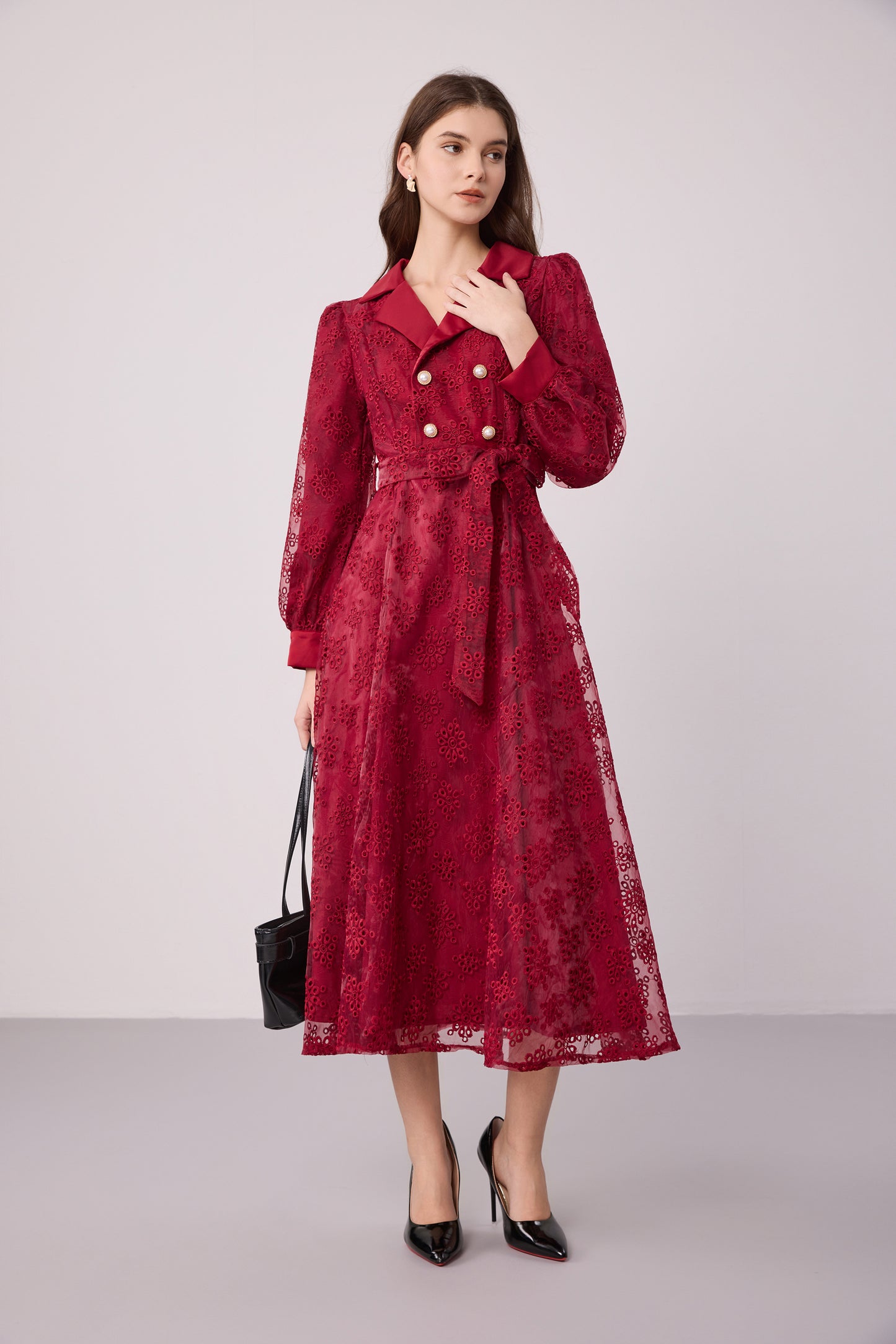 Elegant Embroidered Mesh Double Button Midi Dress