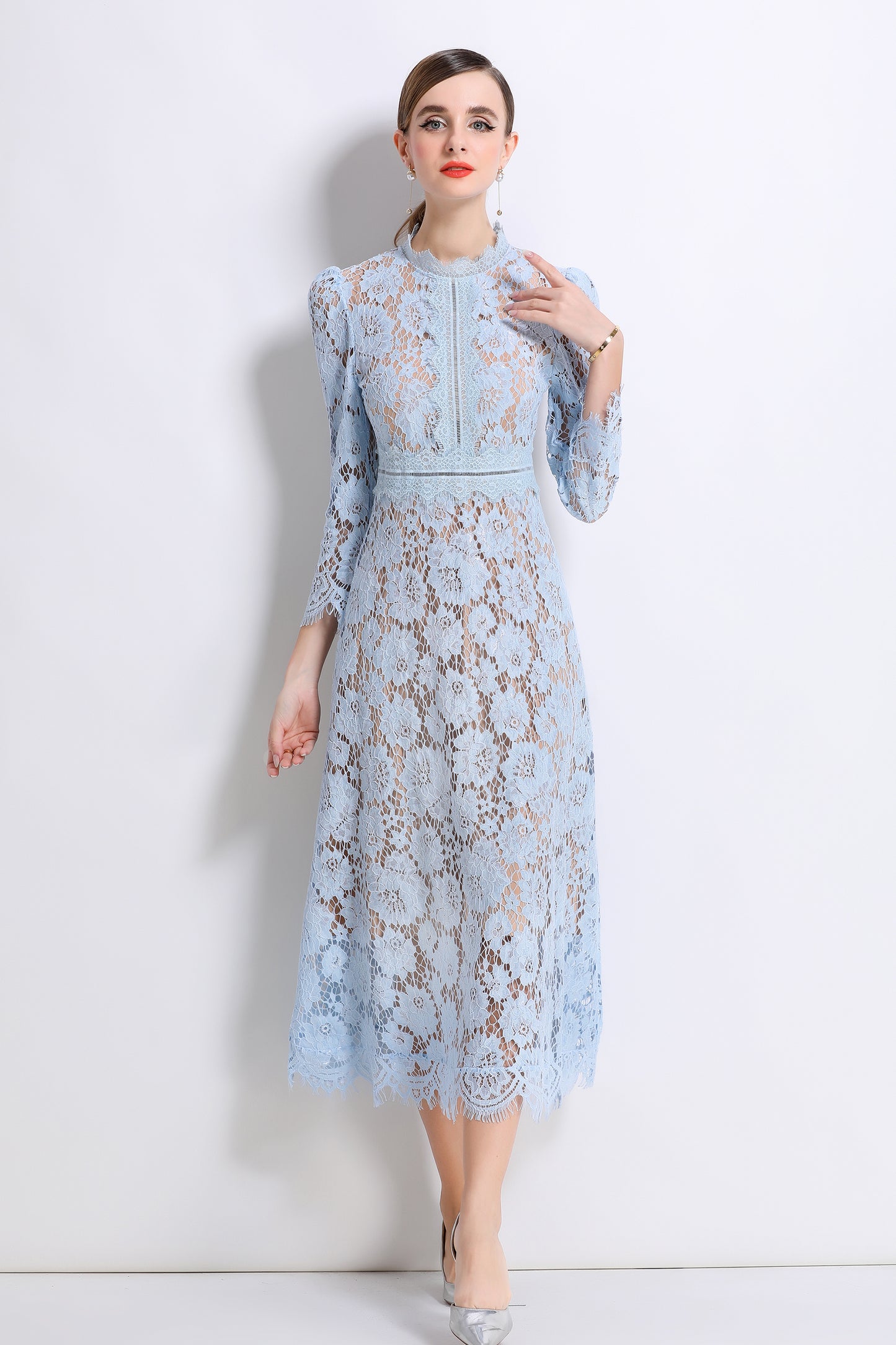 Women's 3/4 Sleeve Lace Overlay Midi Dress - LAI MENG FIVE CATS