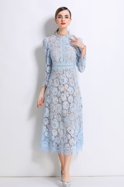 Women's 3/4 Sleeve Lace Overlay Midi Dress - LAI MENG FIVE CATS