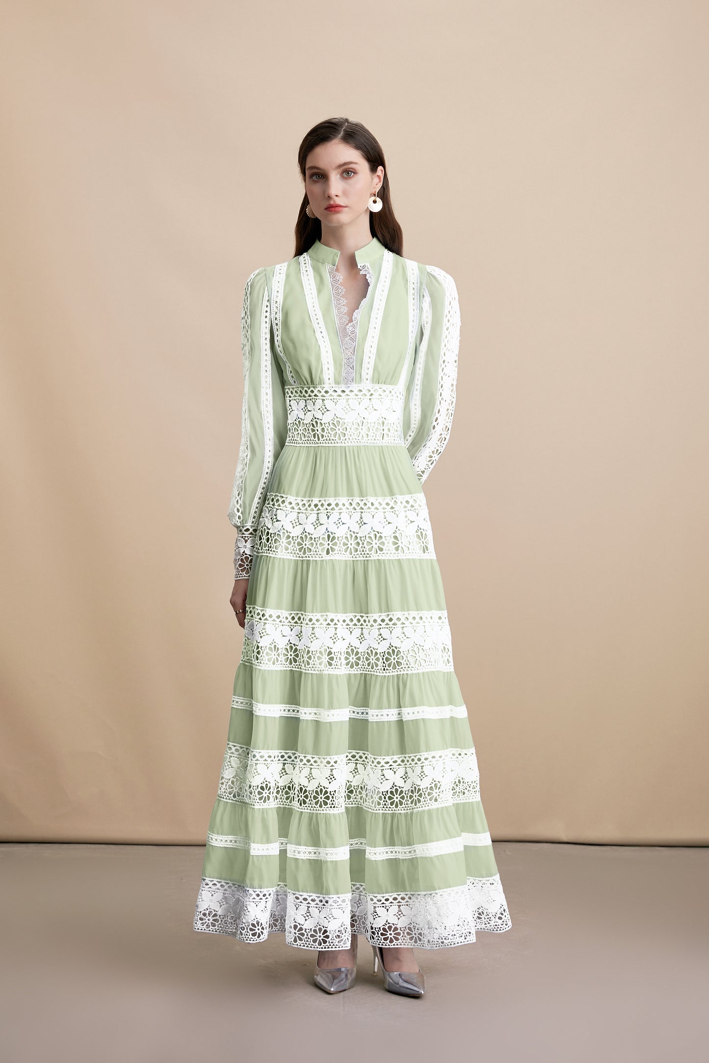 Sage Green V Neck Lace Maxi Dress