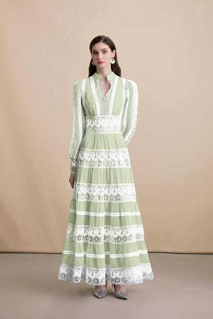 Sage Green V Neck Lace Maxi Dress