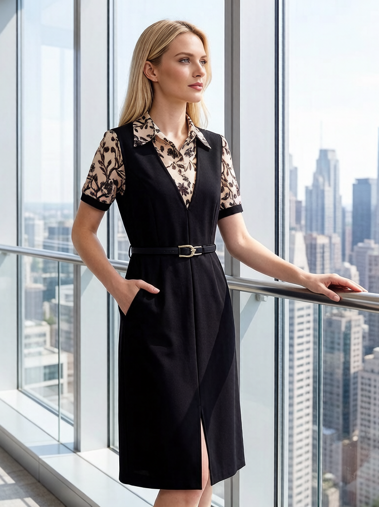Women's Lapel V-Neck Pocket Short Sleeve Midi Dress